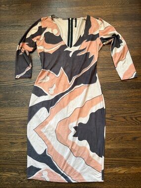 V-Neck Midi Dress in Peach, Cream & Brown Abstract Print